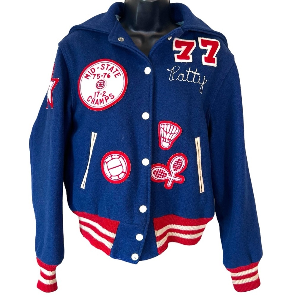 Vintage 1970’s Letterman Jacket w/Zip Up Hood Blue & Red